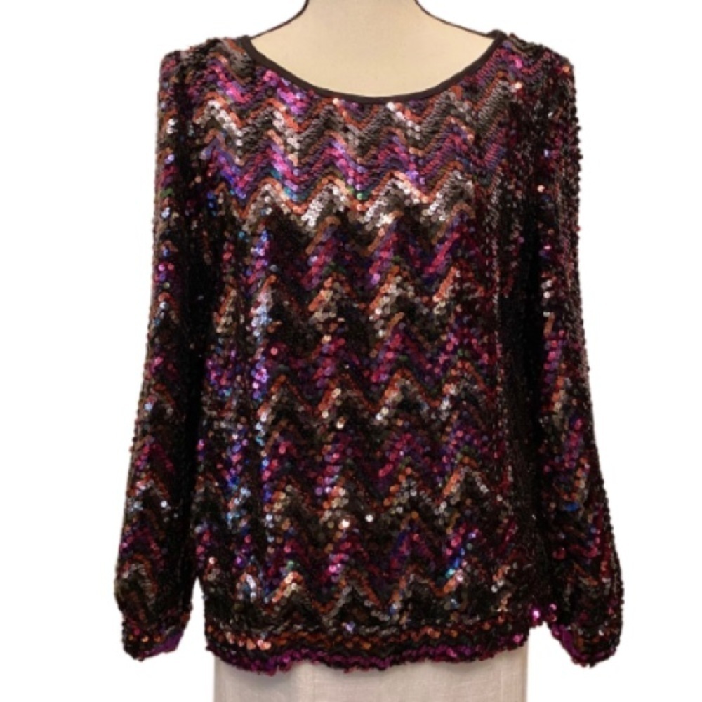 THREE FLAGGS Vintage Sequin Designer Top Blouse